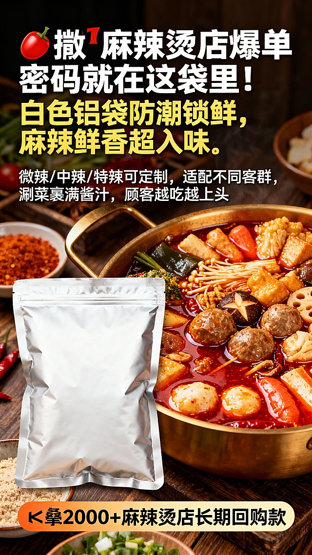 帮我生成图片：【封面图文案】​
🏭15 年餐饮酱料源头厂｜白色铝袋商用装​
米线 / 麻辣烫 / 火锅 / 拌面… 全品类底料一站齐✅​
# 商用酱料 #餐饮供应链 #开店必备​
【内文图 1：米线底料（白色铝袋 + 成品米线）】​
🍜餐饮人私藏的米线汤底王！​
15 年秘制配方，白色铝袋锁鲜包装​
骨汤 / 香辣 / 番茄 3 种口味任选​
熬煮后汤色浓郁挂壁，米线吸满汤汁​
👉5kg 商用装 + 1kg 试用装都有​
新手开店也能低成本试错，回头客暴涨！​
【内文图 2：麻辣烫底料（白色铝袋 + 成品麻辣烫）】​
🌶️麻辣烫店爆单密码就在这袋里！​
白色铝袋防潮锁鲜，麻辣鲜香超入味​
微辣 / 中辣 / 特辣可定制，适配不同客群​
涮菜裹满酱汁，顾客越吃越上头​
🔥2000 + 麻辣烫店长期回购款​
【内文图 3：火锅底料（白色铝袋 + 火锅成品）】​
🥘火锅店核心竞争力！白色铝袋商用装​
牛油 / 清汤 / 番茄 / 菌汤 10 + 口味全覆盖​
纯手工慢熬，越煮越香不浑汤​
✅支持 OEM 贴牌，打造专属品牌​
大包装性价比拉满，连锁门店都在囤​
【内文图 4：拌面酱（白色铝袋 + 成品拌面）】​
🍝8 种爆款拌面酱！白色铝袋便携装​
葱油 / 麻酱 / 香辣 / 藤椒… 闭眼搭不踩雷​
酱体浓稠易拌匀，面条根根入味​
便利店 / 面馆 / 外卖店批量进货首选​
💰小成本高毛利，客单价轻松提​
【内文图 5：铝袋合集 + 厂家实力（铝袋堆头 + 资质证书）】​
🏭15 年深耕！实力厂家才有的底气​
✅十万级洁净车间，资质齐全可查​
✅白色铝袋商用标准，防潮锁鲜耐储存​
✅样品试用 + 技术指导 + 全国包邮​
✅支持按需定制 / 贴牌，满足不同需求​
📩戳我领《酱料采购报价单》+ 免费样品