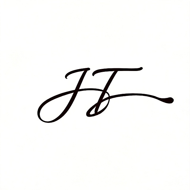 干净的纯白色背景，平面签名艺术字体设计，主体文字为"JT"，两个字母结合在一起，纯黑色手写体，模仿参考图的风格：单线条连续书写，大弧度曲线笔画，笔画存在互相穿插融合，紧密咬合，整体组成一个logo化图形，笔画末端圆润收束，气质简约优雅。画面中只能出现这2个字："J"、"T"，不得增加、遗漏或替换任何一个字。文字整体必须完整呈现在画面内不可被裁切，四周留有安全边距。