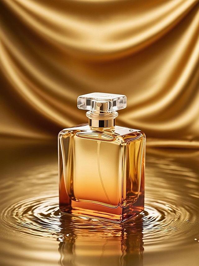 金色绸缎褶皱背景，底部添加水滴溅起的水波纹动态效果，光影聚焦强化瓶身渐变色彩与高端质感，华贵精致氛围
