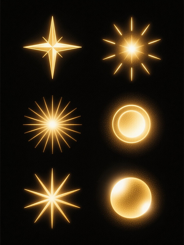 黑色纯色背景上，规整排布着6个完全不同造型的金色光效元素，每个光效元素都具有数字艺术的平滑过渡质感，拥有明亮的高光和自然的光晕扩散效果，整体呈现出神秘而璀璨的氛围，光效元素形态各异，包括十字星芒状、放射状线条、柔和的圆形光斑等，它们在黑色背景上均匀分布，形成一组风格统一且视觉效果丰富的金色光效系列素材。
