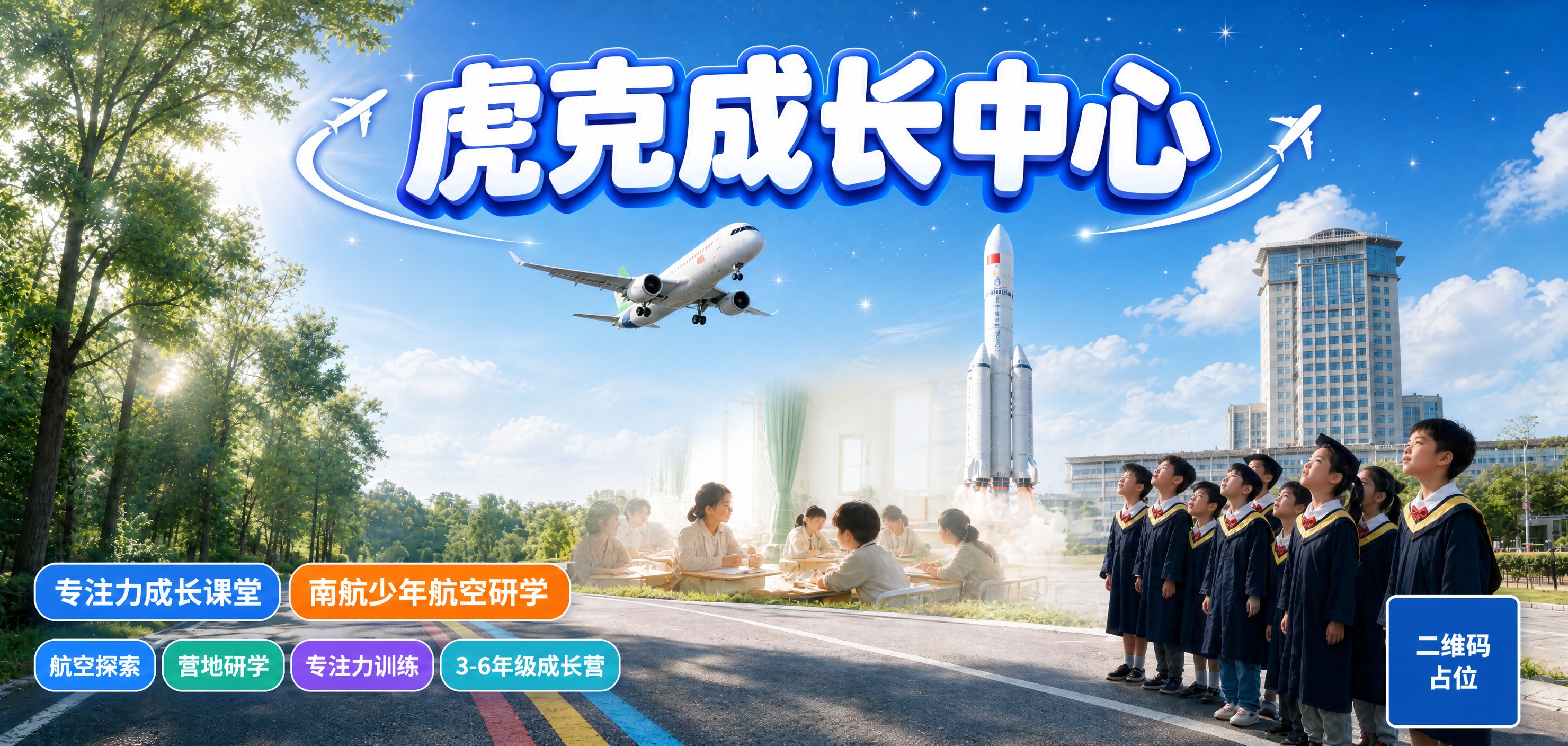 基于图1的底图画面（树林、道路、飞机、火箭、孩子、教学楼），参… - 图片创意预览