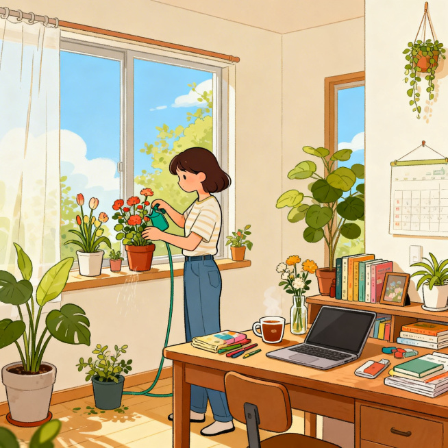 韩国插画家celu_illust风格的日常小确幸系列插画，明亮温暖的色彩，人物正在做简单小事，浇花、喝茶、整理书桌，画面松弛温馨，强调做一件小事的治愈力量预览效果