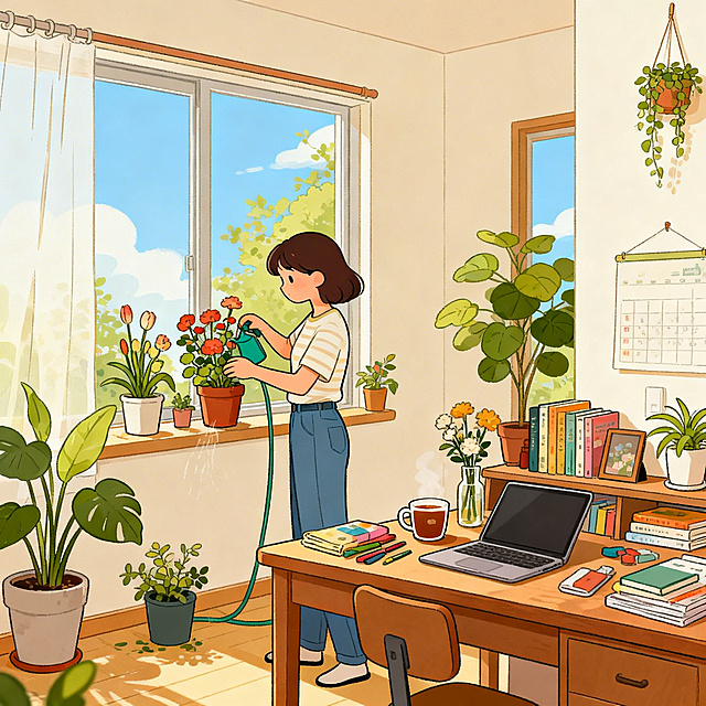 韩国插画家celu_illust风格的日常小确幸系列插画，明亮温暖的色彩，人物正在做简单小事，浇花、喝茶、整理书桌，画面松弛温馨，强调做一件小事的治愈力量