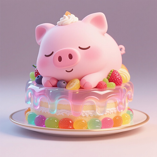 一只小猪，趴在蛋糕上睡觉，蛋糕放在盘子里