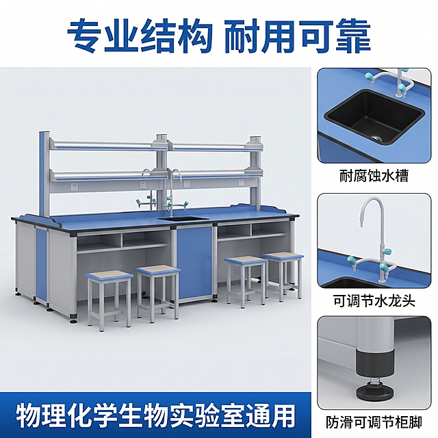 [主图 2] 铝木实验桌核心结构展示。[氛围风格] 专业技术展示风，清晰突出产品结构优势。[画质] 商业摄影质感，光线柔和通透，产品清晰真实，画面干净高级。[元素] 左侧为完整铝木实验桌主体，保持产品外观（物理结构、材质质感、颜色）与输入产品图绝对一致，杜绝任何变形和色差。右侧分三个小图框，分别展示中央黑色水槽、鹅颈水龙头、铝合金支撑柜脚三个核心结构，每个小图框下方标注对应的名称。整体构图为左大右小三宫格，信息层级清晰。[光影] 均匀布光，每个展示区域光线充足清晰，结构轮廓分明，细节展示到位。[配色] 延续主图蓝色+灰白专业配色，背景浅灰色干净不抢主体。[视角构图] 左侧主体平视展示，右侧小图为细节特写，整体构图饱满信息密度高。[文字版式] 顶部主标题“专业结构 耐用可靠”蓝色大字，左侧产品区域不遮挡主体，右侧三个小图框下方分别标注“耐腐蚀水槽”“可调节水龙头”“防滑可调节柜脚”黑色小字。底部通栏放核心卖点“物理化学生物实验室通用”，白色字蓝色底清晰突出。[比例分辨率] 1:1比例，2k分辨率，文字清晰锐利，画面超高清。[负向提示词] 变形，水印，文字错乱，产品模糊，背景杂乱，结构错误。