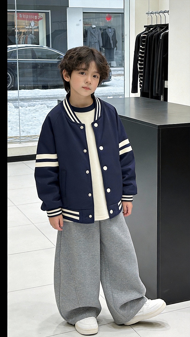 把图1的衣服和裤子给图的2的人物穿上，保留原场景光影，保持图2的人物的五官和发型不变，图片宽高尺寸不变，背景不变，鞋子变为白色运动鞋，人物姿势不变，保持图1的衣服和裤子的款式和颜色不变