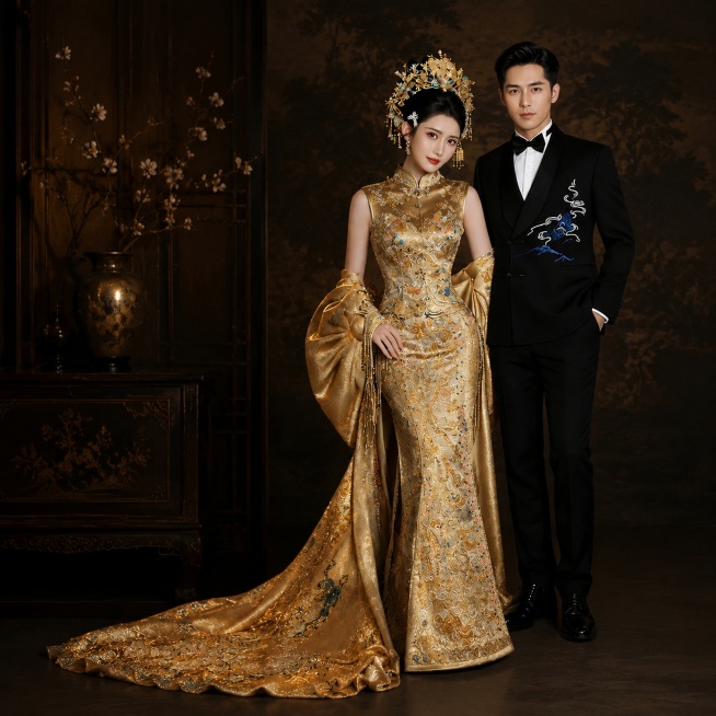 基于原图将婚礼礼服调整为中式老钱风，突出时尚亮眼、版型修身的卖点，适配1688平台，生成1:1正方形电商主图，保留原图人物和礼服，背景调整为质感低调暗调背景，整体呈现高级中式老钱质感预览效果