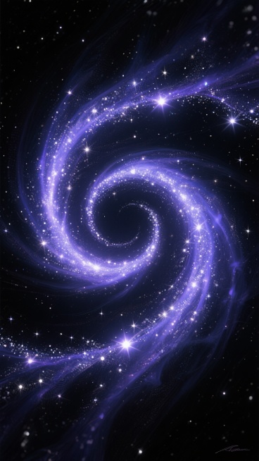 深邃宇宙背景下，一条由璀璨星光组成的螺旋状星云，星光呈现出梦幻的蓝紫色调，夹杂着闪烁的银色光点，整体散发着神秘而宁静的氛围，星云的螺旋结构清晰，星光分布疏密有致，边缘柔和过渡，仿佛在黑色的画布上流动，充满了动态的美感和宇宙的浩瀚感。预览效果