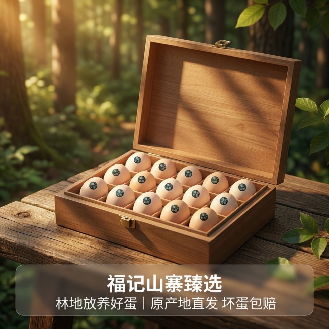 卖点不足就单独制作，福记山寨臻选林地放养蛋，木质礼盒 + 新鲜土鸡蛋组合摆放，背景是大山森林，阳光透过树叶间隙，斑驳的点缀在产品上，暖色调自然光，高清写实，质感细腻，商业美食摄影，干净简约，突出品牌与预览效果