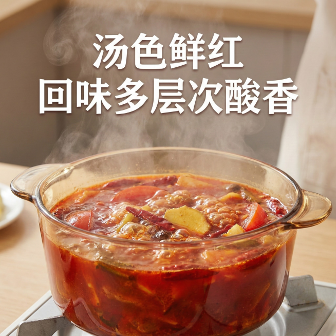 这张图片是产品主体这款产品是美芡·贵州刺梨酸汤火锅底料 我需要设计20张主图在拼多多上面售卖  这一袋的克重主要是105g 主图场景布局火锅元素  多增加一些贵州火锅底料细节图 还有火锅底料相关的元素预览效果
