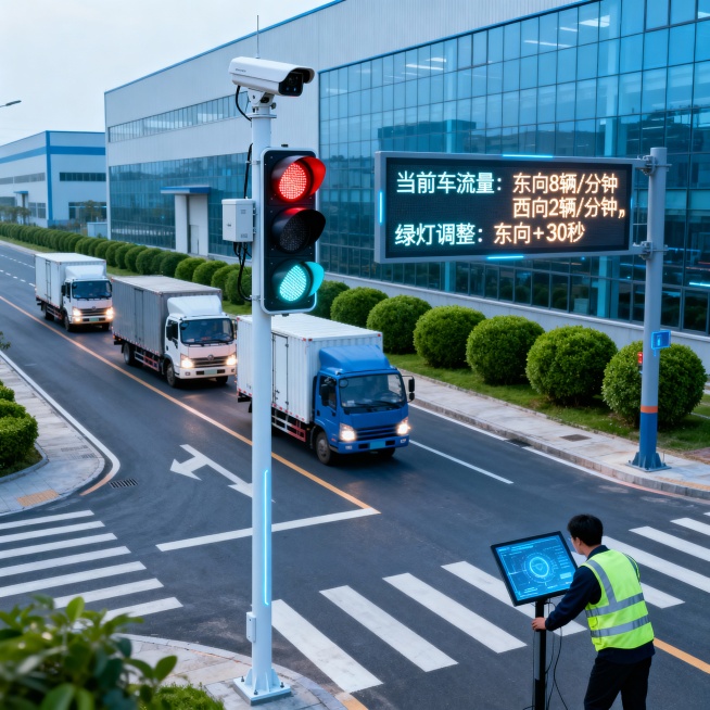 智能红绿灯根据各条道路拥堵情况做出红绿灯时间调整优化厂区交通场景预览效果