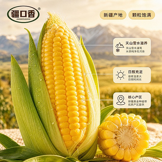 [主图-2] 新疆黄糯玉米产地溯源图，突出新疆产地优势与品质信任。
[统一基调] 写实高清摄影，东方甄选生鲜风格，画面干净高级有食欲；柔和浅米色虚化背景，隐约淡淡的新疆田园肌理，背景不抢主体；暖调柔光自然光，高清细节，质感真实；文字组件为小巧胶囊圆角标签，配色暖黄、奶白、浅橙，字体深棕色。
[画面] 主体为1根完整带薄外皮的新疆黄糯玉米，剥开部分苞叶露出金黄饱满玉米粒，表面带细密水珠，放置在画面中央偏左位置。背景融入新疆天山田园风光的虚化远景，隐约可见连绵的天山山脉轮廓和金色田野，营造产地氛围。玉米旁边摆放一小段切开的玉米段，展示横截面颗粒饱满的糯性质感。画面右侧用引线标注的方式，从玉米不同部位引出细线条连接到小型信息卡，分别标注：【天山雪水滋养】【日照充足】【核心产区】。右上角放置2个胶囊标签：【新疆产地】【颗粒饱满】。左上角放置"疆口香"品牌Logo。
[光影质感] 自然暖阳逆光，强调玉米的通透感与色泽，暖调柔光，玉米颗粒有金黄油润的光泽，水珠晶莹剔透，阴影柔和，高清微距细节。
[配色] 金黄玉米为主色，嫩绿苞叶，浅米色背景带淡金色田园光晕，深棕色文字，暖黄、奶白胶囊标签。
[文字版式] 引线标注使用细实线，信息卡为小型圆角矩形，文字深棕色小号黑体。右上角胶囊标签横向排列。品牌Logo在左上角。
[输出要求] 比例1:1，800*800像素，正方形电商商品主图，适合抖音抖店上架。产品清晰，文字清晰可读。禁止出现人物，禁止多余杂物，不要复杂边框，不要水印，不要购物图标，画面干净。负向：变形、错字、模糊、杂乱、水印、平台Logo、人物、多余杂物。