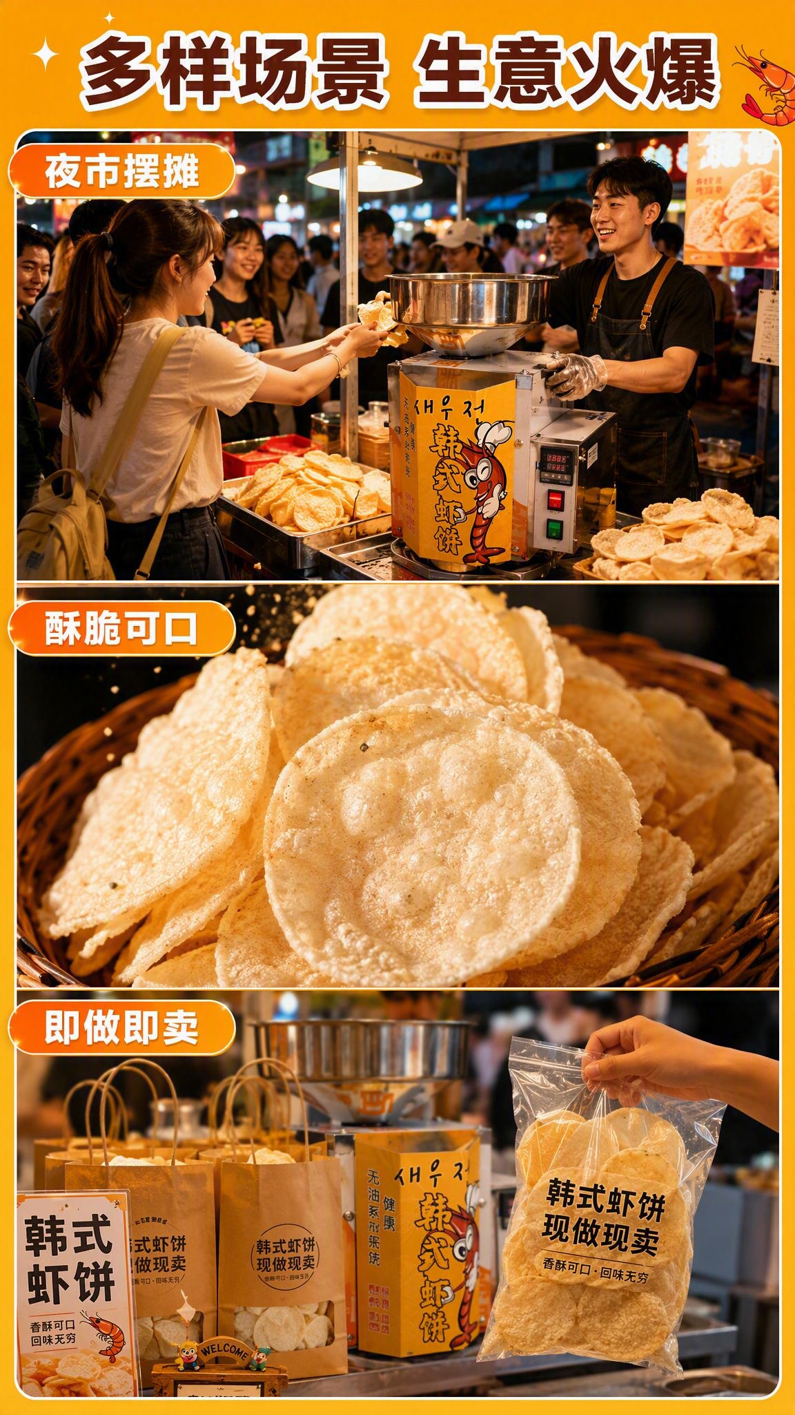 电商详情页成品效果图，多场景纵向拼图展示虾饼应用：上方夜市摆摊… - 图片创意预览