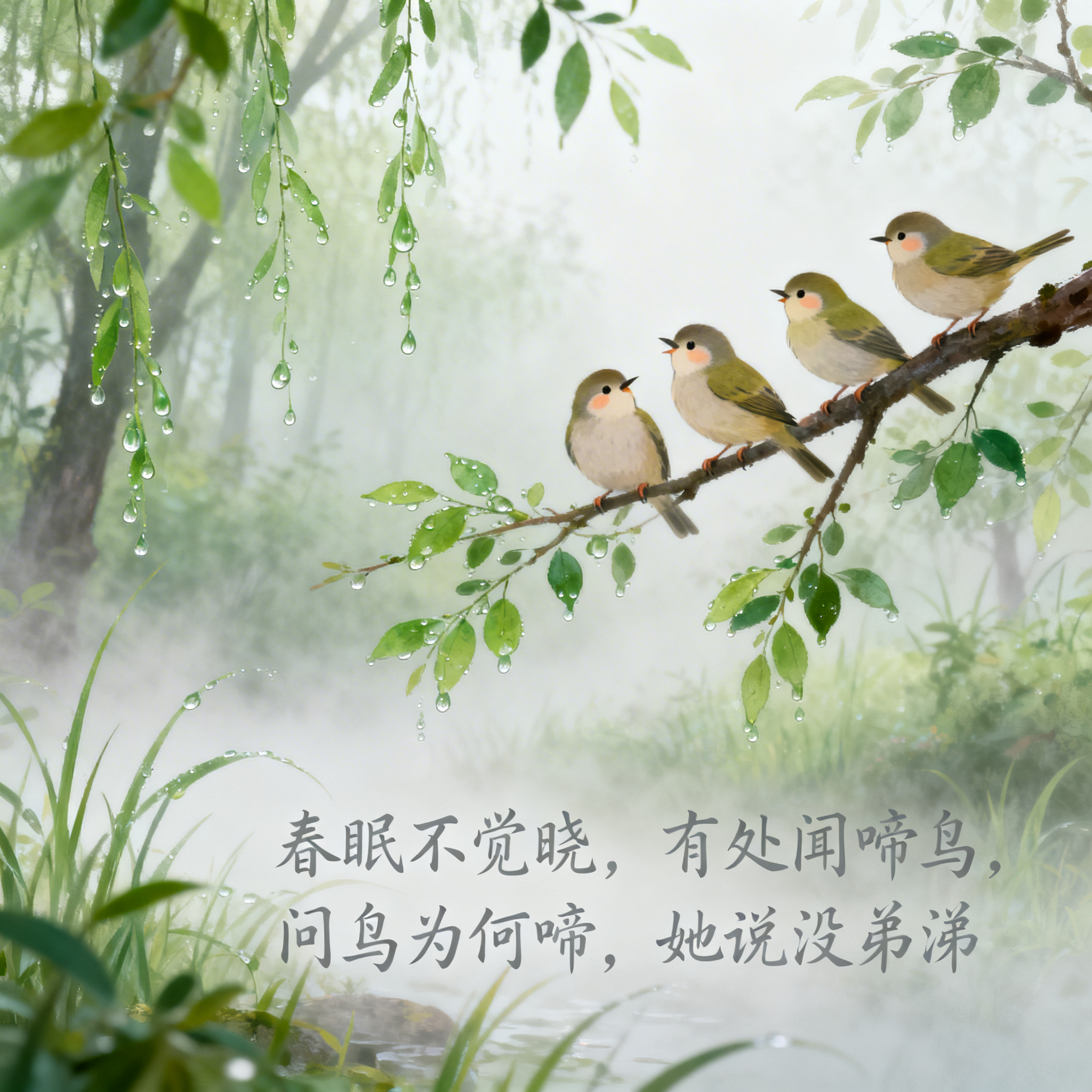 国风春日插画，清晨春日林间薄雾笼罩，草木青翠挂着晨露，几只可爱… - 图片创意预览