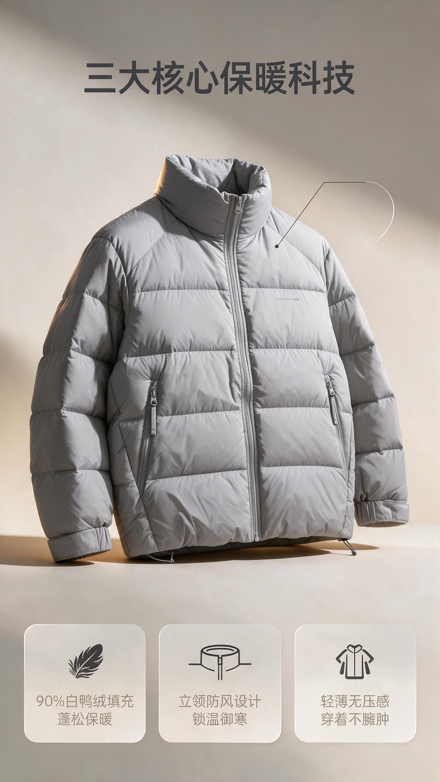 [商品] 使用【图1】浅灰色男士立领短款轻薄羽绒服；商品处理：… - 图片创意预览