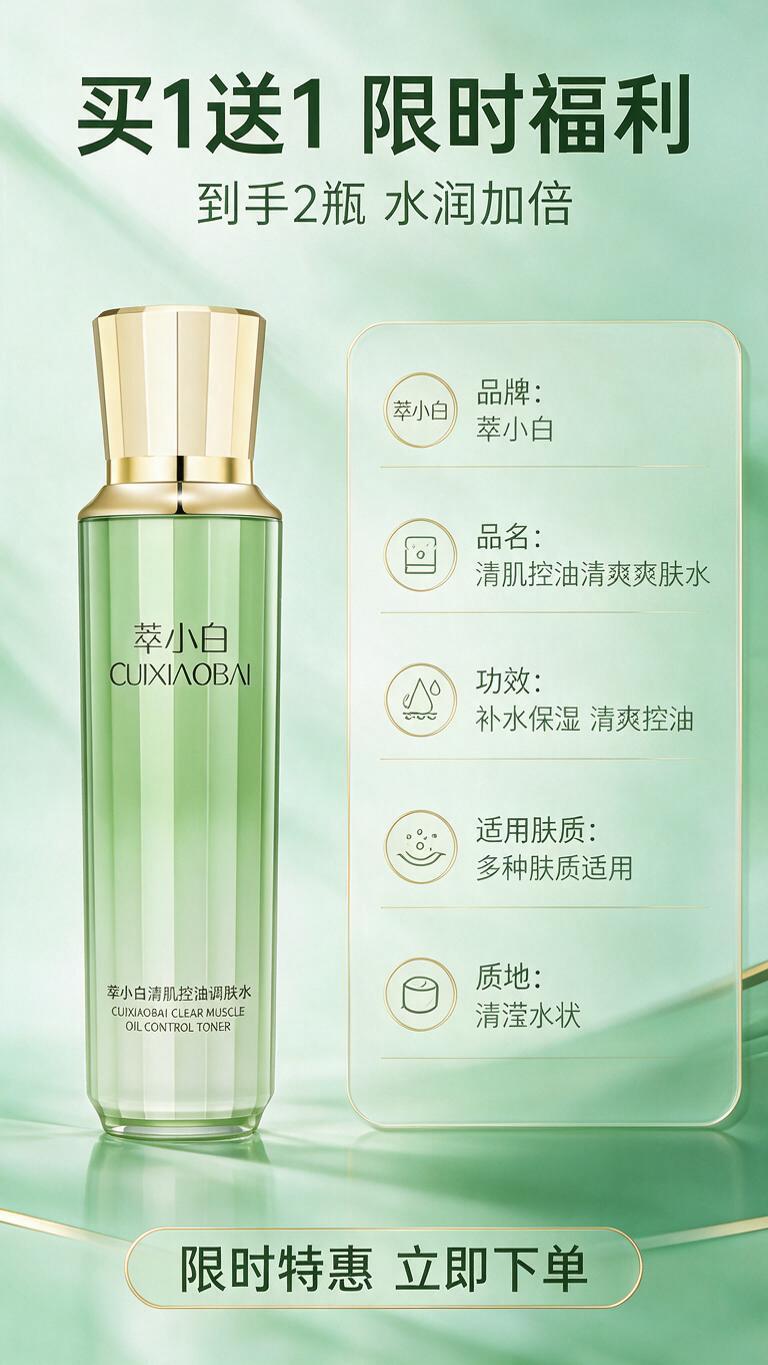 [商品] 使用【图1】萃小白清肌控油爽肤水；保留瓶身结构、颜色… - 图片创意预览