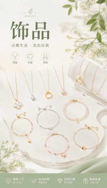 设计一张简约清新风格的饰品品类概括海报，画面展示多款潮流饰品项链手链整齐陈列在浅色背景上，文字标注分类为"饰品"，整体色调柔和清新，版式精美，9:16比例，超高清分辨率，统一商业风格预览效果