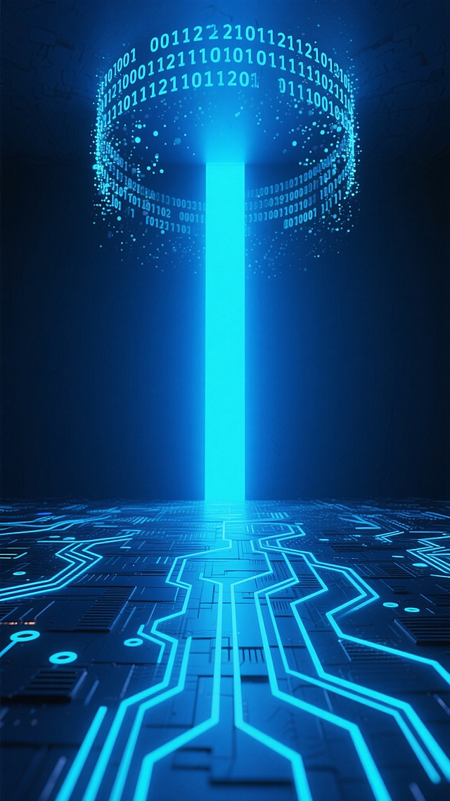 深蓝色背景下的赛博朋克风格3D渲染科技场景，画面顶部布满由0和1组成的二进制数字流，呈现出悬浮的粒子效果，中央有一道明亮的蓝色光束从上方垂直射下，照亮下方由蓝色发光线条构成的电路板纹理地面，地面上布满整齐排列的发光电路纹路和数字代码，整体光影效果具有强烈的纵深感和空间感，光线带有柔和的光晕和渐变，营造出神秘而充满未来感的科技氛围，色调以深蓝和亮蓝为主，色彩和谐统一，画面简洁大气，充满科技感和设计感。