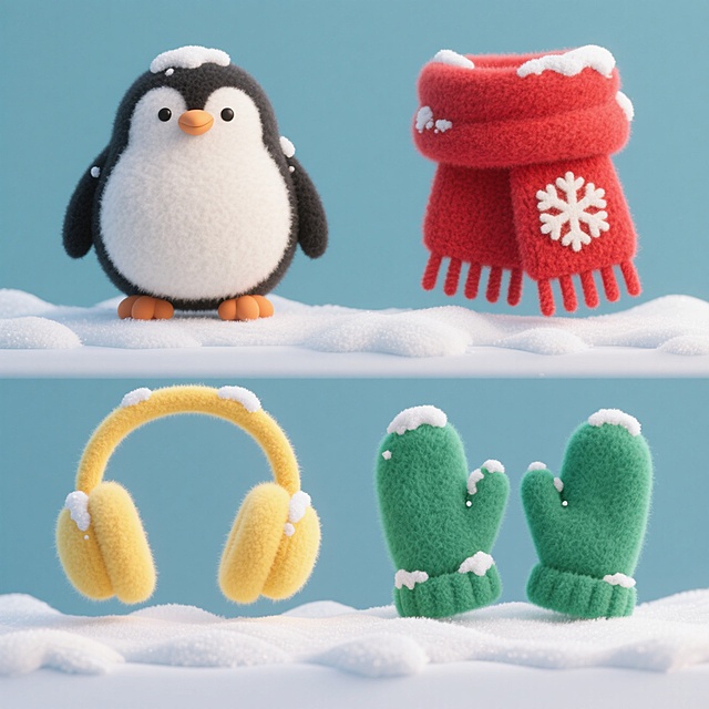 4个冬季素材组合，每个元素上都沾着积雪，分别是：一只企鹅，一个红色带有雪花元素的围巾，一个黄色的耳罩、一双绿色的手套；元素上下两行整齐排列，纯色背景。