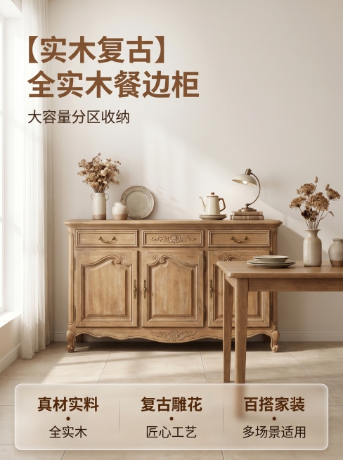[主图-1] 全景氛围展示-实木复古餐边柜首图。
[氛围风格] 美式中古风，温馨治愈居家氛围感，画面干净高级。
[画质] 8K高清写实摄影，商业质感，光线柔和通透，产品清晰真实，哑光原木质感，无滤镜过预览效果
