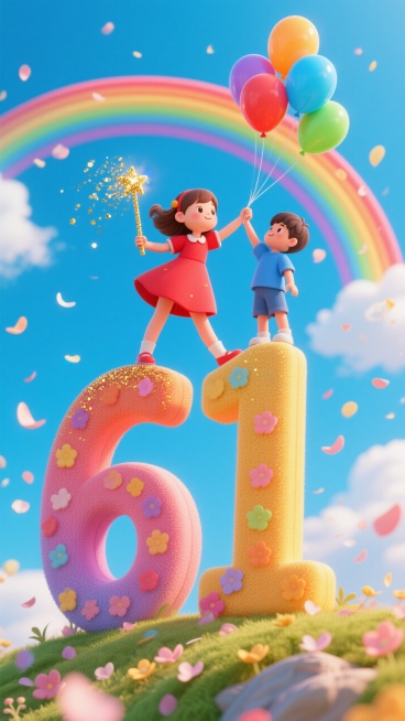 立体的"6"与"1"拔地而起，红衣小女孩踮脚站在"6"字顶端，挥舞着缀满金粉的魔法棒，蓝衫小男孩稳稳立于"1"字之上，将彩虹色气球抛向云端。背景是蓝天，有彩虹。漫天飘散的花瓣簇拥着数字，整个画面多彩活预览效果