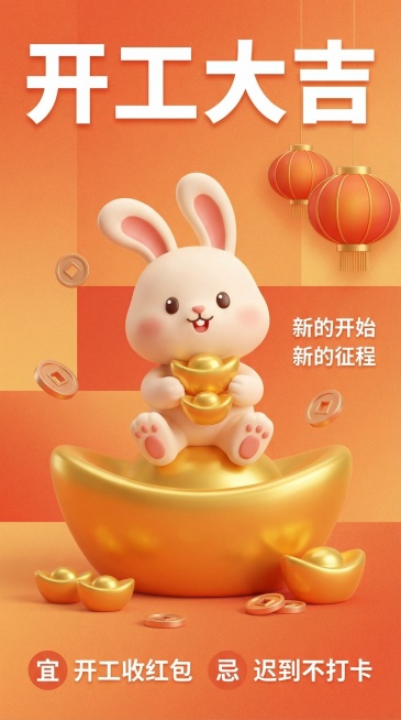 暖橙色渐变肌理背景带几何色块，画面上半部分是加粗白色“开工大吉”大字，画面中心是坐在巨型金元宝里的3D萌兔，双手抱着小金元宝，画面右上角悬挂中式灯笼，周围散落小金元宝与铜钱，画面右侧有“新的开始 新的预览效果