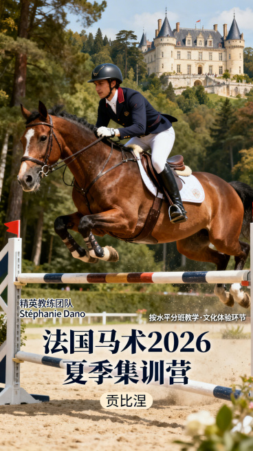 一张宣传海报，法国马术2026夏季集训营，地点在法国贡比涅，画面以优雅的马术运动员骑马跨越障碍为主体，背景是欧式森林和法式城堡，整体高端大气，优雅精致的欧式度假风格，文字排版清晰，主标题“法国马术20预览效果