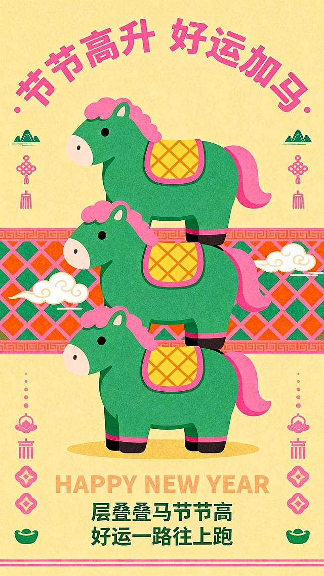 新中式，纯扁平风，暖黄底色搭配绿粉橙撞色。中心对称构图，主体是 3 匹绿滚圆胖萌骏马垂直堆叠（粉鬃毛），马外轮廓有粉色描边，黄菱格鞍垫。画面中部背景是中国风粉绿橙菱形花纹装饰带，点缀圆润的白色祥云与蓝绿的远山。画面顶部是弧形排列的主标题 “节节高升  好运加马”，采用粉色可爱字体。底部文字：上方是浅橙色调的字 “HAPPY NEW YEAR”，画面下方是深绿色字“层层叠叠步步高好运加马一路飙”，并在画面底部添加一条细窄的粉色装饰线，画面点缀小装饰元素（粉绿钱币、元宝、国风图形，线条，左右对称）