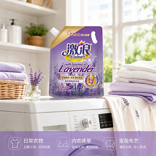 [主图-4]激浪薰衣草洗衣液多场景适用展示图
[氛围风格]真实温馨家庭生活场景，自然代入感
[画质]商业摄影质感，光线柔和通透，产品清晰真实，画面干净高级
[元素]将一袋激浪薰衣草洗衣液放置在阳台洗衣区的浅色洗衣机上，旁边搭着洗好的带着薰衣草香气的干净衣物，背景是明亮干净的阳台窗户，自然光洒落。保持产品包装外观（物理结构、材质质感、颜色）与输入产品图绝对一致，杜绝任何变形和色差，精细化处理。商品主体占比严格控制在60%左右
[光影]上午自然侧窗光，整体明亮温馨，光线柔和不刺眼，衣物和产品质感自然呈现
[配色]整体浅色调，阳台浅灰色地面和白色墙面，产品紫色突出，衣物浅色系，薰衣草点缀，自然温馨
[视角构图]平视场景构图，产品在视觉中心，场景层次清晰，景深自然
[文字版式]底部浅紫色半透明通栏，分三列左对齐文字说明：左列"日常衣物"，中列"内衣床单"，右列"家居布艺"，白色文字清晰，说明产品多场景适用，不遮挡产品主体
[输出要求]1:1比例，文字清晰可辨，超高清商业摄影质感
[负向提示词]变形，文字错乱，产品图模糊，背景杂乱，水印，电商平台Logo