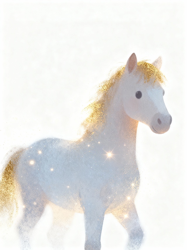 梦幻感与唯美感交织，软3D风格的白马在鎏金粒子中轻盈踱步，光影流动间尽显清透灵动，插画风设计赋予节日般神圣氛围。