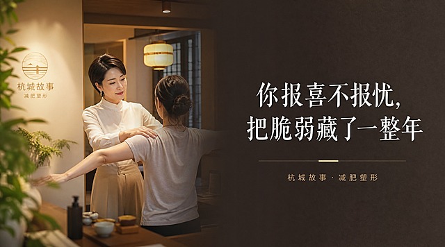 公众号封面图，左右分屏构图。左侧是真实摄影风格的杭城故事减肥塑形店老板娘工作场景，一位气质优雅的中年女性老板娘，穿着简约职业装，正在店内为顾客做塑形指导，店内环境温馨整洁，有绿植和暖光装饰，杭州江南风格的细节点缀，真实感强，光影柔和。右侧是深色调背景，上面有白色大字文案："你报喜不报忧，把脆弱藏了一整年"，字体温暖有力量，排版优雅，下方有小字"杭城故事·减肥塑形"。整体画面温暖治愈，情感共鸣强，左右过渡自然，高质量摄影质感。