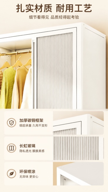 [第3屏] 材质工艺解析-白色折叠推拉门衣柜框架与玻璃材质展示。本屏使用【图1】放大展示衣柜门框和玻璃细节。
[氛围/风格] 专业质感解析，特写清晰，真实材质呈现。
[元素布局] 上半部分是衣柜边框和预览效果