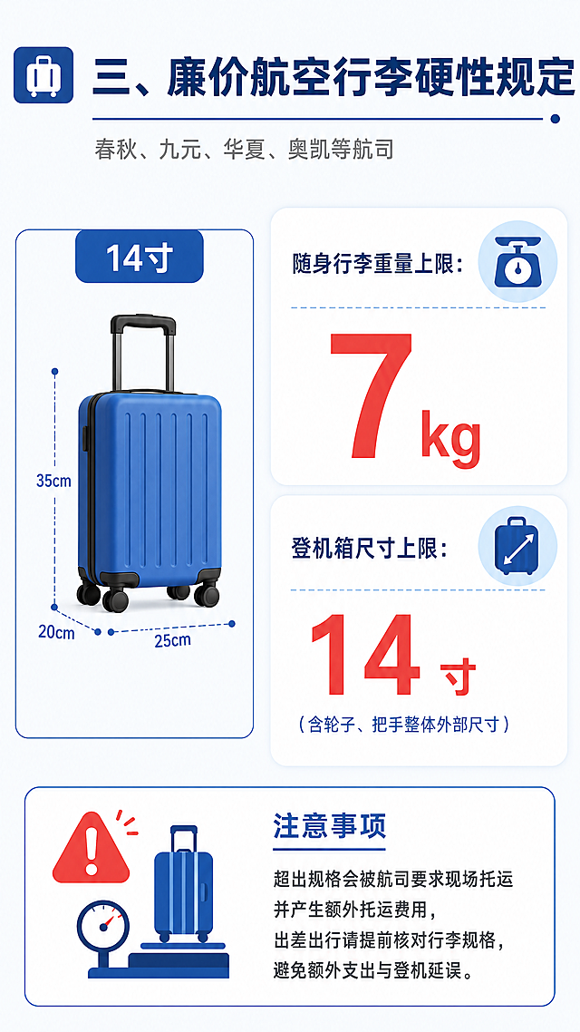 [第5张] 廉价航空行李硬性规定说明页。
[氛围/风格] 简洁专业的企业行政信息图风格，数据清晰，视觉化呈现。
[元素布局] 顶部为模块标题区，中间左侧为行李箱尺寸示意图标，右侧为重量和尺寸限制数据卡片；下方为注意事项说明区；配有行李箱、称重秤等图标辅助理解。
[光影质感] 均匀平面光照，数据卡片有浅蓝底色突出，整体明亮干净。
[配色色系] 全局底色 #F5F7FA 浅灰蓝；主色 #1E5AA8 深蓝；数据强调色 #E74C3C 红色用于限制数值；卡片底色 #FFFFFF 白色；辅助色 #4A90E2 浅蓝。
[视角构图] 正面平视，竖版构图，阅读动线从上到下，图文结合。
[文字版式] 顶部模块大标题「三、廉价航空行李硬性规定」，深蓝粗体；副标题「春秋、九元、华夏、奥凯等航司」，浅灰小字；左侧行李箱简图标注「14寸」字样；右侧两个数据卡片：卡片1「随身行李重量上限：7kg」，数字用红色大号字体突出；卡片2「登机箱尺寸上限：14寸（含轮子、把手整体外部尺寸）」，数字红色突出；下方注意事项区：「超出规格会被航司要求现场托运并产生额外托运费用，出差出行请提前核对行李规格，避免额外支出与登机延误」，配警示小图标；整体图文并茂，数据醒目。
[比例分辨率] 9:16 竖版比例，4K 分辨率，文字清晰可辨，高清画质。
[负向提示词] 变形，水印，文字错乱，文字过小，颜色偏差，背景杂乱。