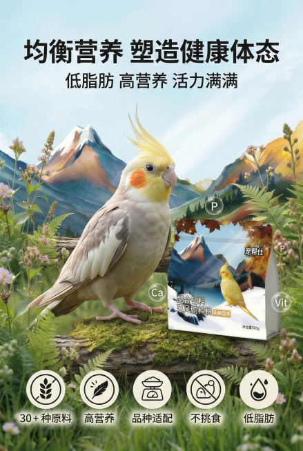 2:3竖版尺寸，严格还原上传的宠帮仕鹦鹉粮产品图，包括包装设计、颜色、LOGO位置、文字内容、图案元素等所有细节，产品与场景物体大小比例协调，避免突兀。主标题"均衡营养 塑造健康体态"，副标题"低脂肪预览效果
