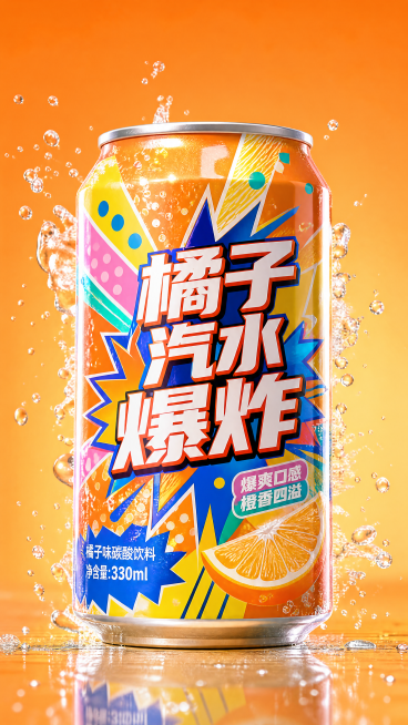 设计一款易拉罐碳酸饮料包装，采用多巴胺明亮撞色，活泼跳跃几何图案，产品名称"橘子汽水爆炸"，符合大众审美，标准330ml铝制易拉罐，竖版展示，高清商业摄影，4K质感预览效果