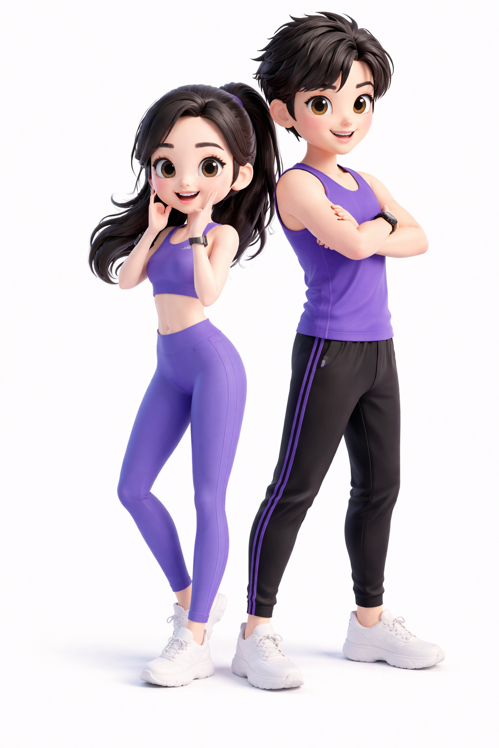 在现有画面中增加一个Q版3D风格的男性，和图中的蓝紫色运动装女… - 图片创意预览
