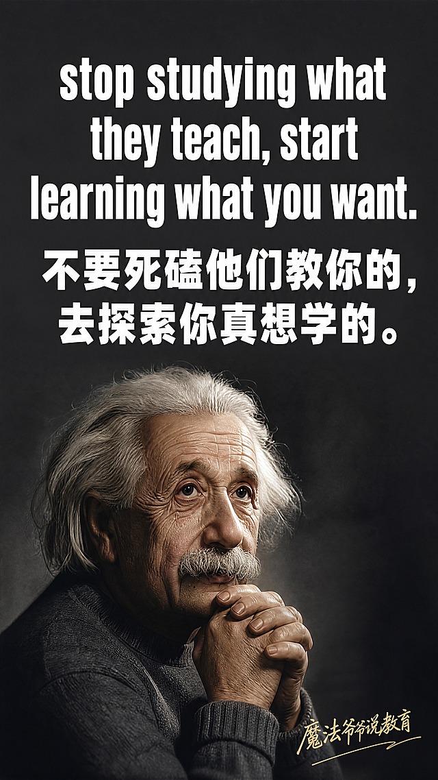 小红书笔记大字封面，配图大字，杂志海报风，版式精美，小红书笔记封面质感，适合信息流点击。主标题分为两行，英文在上中文在下，均位于画面上半部分，逐字锁定：英文第一行「stop studying what they teach, start learning what you want.」，中文第二行「不要死磕他们教你的，去探索你真想学的。」。主标题字号占画面约55%视觉权重，清晰可读，不得增删改字。右下角装饰角标：「魔法爷爷说教育」，使用与主标题不同的手写书法字体，字号较小，作为署名标识。背景：上半部分为干净的深灰色纯色背景，下半部分为爱因斯坦人物肖像（标志性蓬松白发、胡须，睿智神情），人物位于画面下半部分，上半部分留白放置大字标题，整体加轻微半透明遮罩以突出文字。标题排版：英文使用扁平粗黑体sans，白色字；中文使用粗黑体，白色字；整体居中偏上排列，行间距适中。装饰：右下角「魔法爷爷说教育」使用手写毛笔书法字体，浅金色，加细下划线点缀；画面整体简洁高级，无多余emoji。整体氛围：教育励志、高级感、清醒通透、智者启发。画质：高清细腻，信息层级清晰，主标题与背景强对比，文字完整处于安全区内不可裁切，四周留安全边距。画面比例9:16，4K。