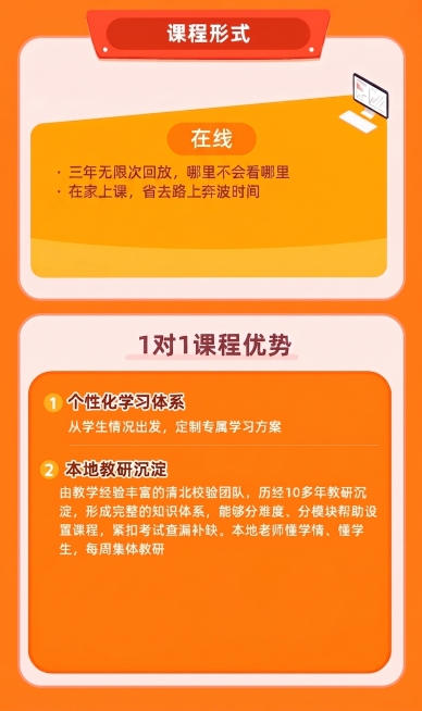 课程形式的在线板块中删除重复的“在家上课，省去路上奔波时间”内容；删除1对1课程优势板块中第三部分“科技高效赋能”标题及其全部内容；整理调整整体排版格式，保持上下区域布局一致，保留原图片橙黄色暖色调配预览效果