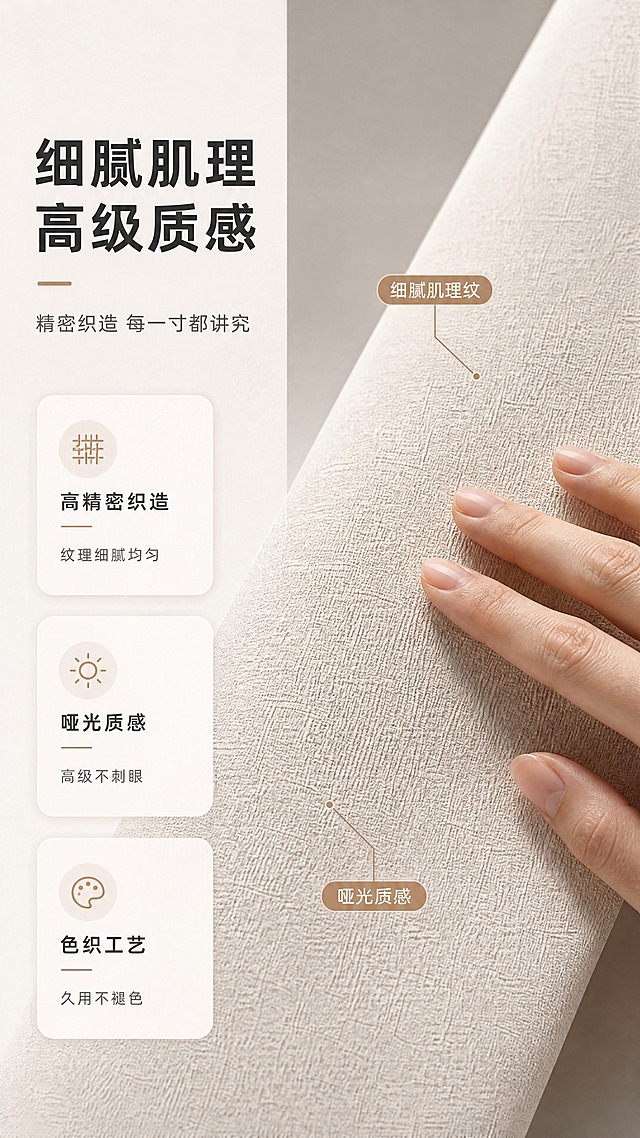 [商品] 使用【图1】中墙面铺贴的米白色素色肌理墙布；保留墙布的米白色调、细腻素色肌理纹理、哑光质感；聚焦墙布表面材质细节。
[画面] 页面目标：肌理材质细节展示，强调高级质感与精细工艺。左文右图版式，左侧约2/5为文案+信息卡区，右侧约3/5为墙布微距特写。墙布呈45°角斜向展示，细腻肌理纹路清晰可见，墙布占画面约60%。一束侧光打在墙布上，形成明暗层次，凸显肌理的凹凸质感。背景为纯净浅灰色，突出墙布材质本身。一只手轻轻抚摸墙布表面，体现亲肤触感。阅读动线：从左至右。
[视觉] 套系策略：风格=北欧简约高级家居摄影；标题字=现代无衬线粗体；正文字=简洁无衬线体；主色=米白+浅灰+暖杏；背景延展=基于米白浅灰做深浅层级、同色渐变和细腻肌理质感；强调色=奶茶棕，仅用于小面积图标、引线和标签；标题色=深炭灰；正文色=中暖灰；组件=圆角浅底信息卡、细线引线、简约icon；光影=侧方45°暖柔光，形成明暗对比，凸显肌理凹凸质感。
[文字] 左侧主标题「细腻肌理 高级质感」（8字），副标题「精密织造 每一寸都讲究」（10字）。下方3个信息点：1.高精密织造 纹理细腻均匀 2.哑光质感 高级不刺眼 3.色织工艺 久用不褪色。右侧墙布特写配2条细线引线标注：「细腻肌理纹」「哑光质感」。文字均为横排。
[规格] 图片比例9:16竖版，4K分辨率，负向提示：避免变形、错字、文字过小、冷蓝/蓝灰背景、墙布纹理失真、极限词、二维码、水印、竖排文字。