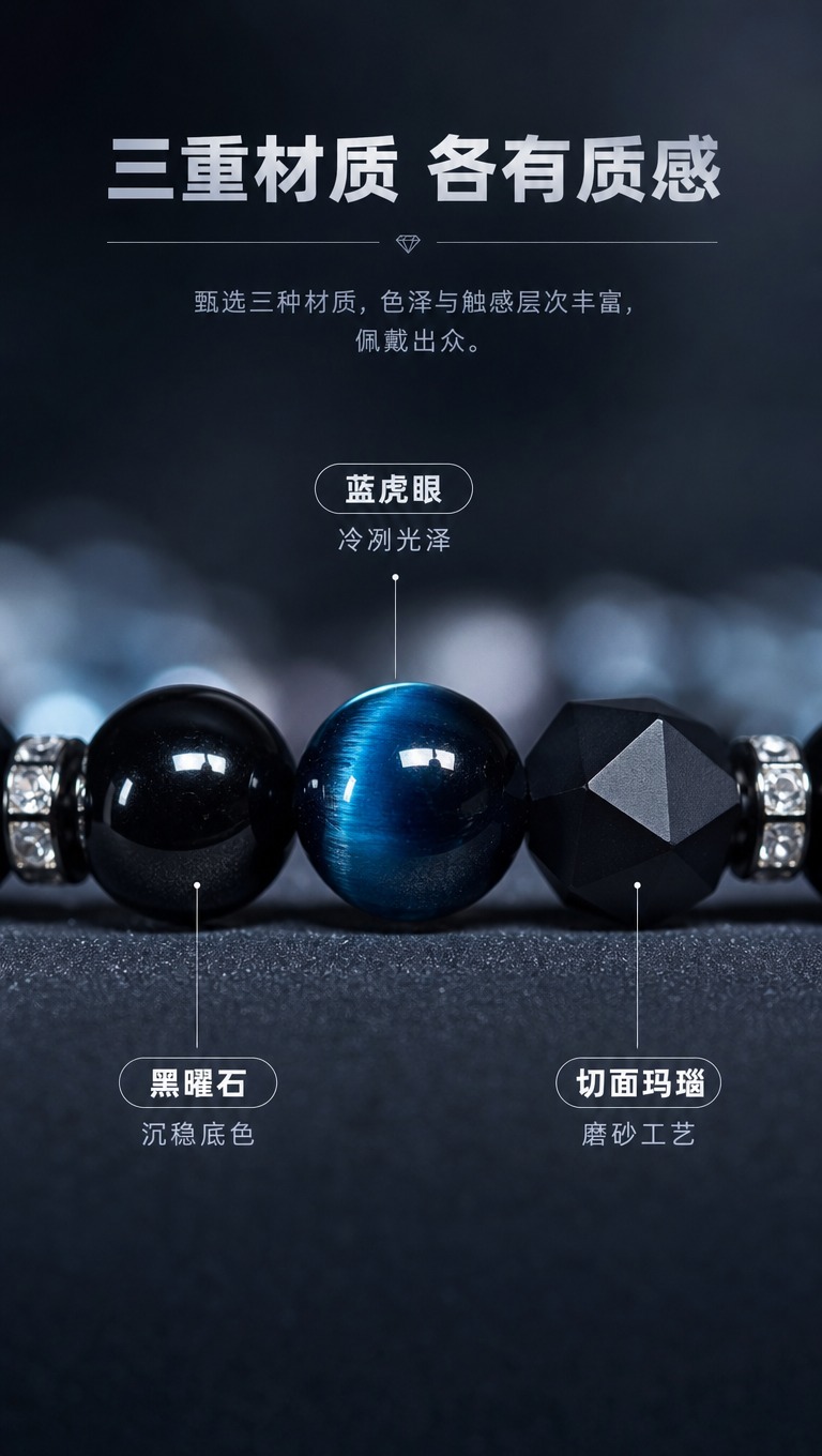 [商品] 使用【图1】男士手串，保留蓝虎眼圆珠、黑曜石圆珠、磨… - 图片创意预览
