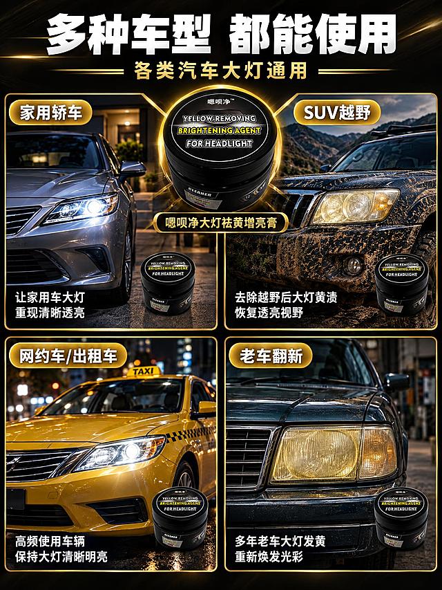 [商品] 使用【图1】嗯呗净大灯祛黄增亮膏，120g黑色罐体；保留罐体黑色外观与标识；适用于各类汽车大灯修复。
[画面] 页面目标：多场景适用展示，扩大目标人群。四宫格拼图构图，2行2列展示4个典型使用场景；左上：家用轿车大灯翻新，日常家用车场景；右上：SUV越野车大灯修复，户外越野后车灯发黄场景；左下：网约车出租车大灯养护，高频使用车辆场景；右下：老车旧灯翻新，多年老车大灯发黄严重场景；每格场景中都有产品罐小尺寸露出，位置统一在右下角；画面中央顶部放产品主图，占画面约20%，连接四个场景；阅读动线从中心产品向四周扩散，浏览各场景应用。
[视觉] 套系策略：风格=黑金科技商业广告风，真实汽车场景；标题字=粗黑体超粗字；正文字=简洁无衬线黑体；主色=深炭黑；背景延展=基于深炭黑做四宫格分区，每格场景色调统一偏暗调突出车灯效果；强调色=金属金色，用于场景标题框、分隔线、中心产品描边；标题色=白色；正文色=白色；组件=四宫格分栏、金色场景标签、中心产品展示区；光影=各场景独立真实光影，车灯发光效果明显，整体氛围统一偏暗调高级感。
[文字] 画面顶部白色粗体大标题「多种车型 都能使用」，金色小字「各类汽车大灯通用」；每个场景格左上角金色圆角标签，分别为白色文字「家用轿车」「SUV越野」「网约车/出租车」「老车翻新」；每格底部白色小字说明对应场景的使用效果；中心产品旁金色小字「嗯呗净大灯祛黄增亮膏」。
[规格] 图片比例3:4竖版，2K分辨率，避免变形、错字、文字模糊、场景杂乱、产品比例失调、水印、平台logo。
