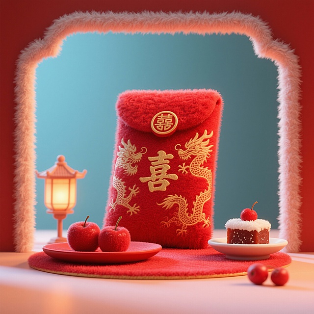 主体：短绒印花红包（毛绒龙纹 + 烫金 “喜” 字，鼓起立体）；点缀：红绒小托盘（衬布毛绒），周围摆 1 个迷你毛绒宫灯、2 片毛绒红果；甜品：1 块迷你毛绒山楂糕（白绒糖霜 + 小毛绒红果点缀），放红包侧方；场景：背景是简约毛绒门框（仅边框裹绒），暖光主照主体，绒面质感突出，点缀元素简约和谐