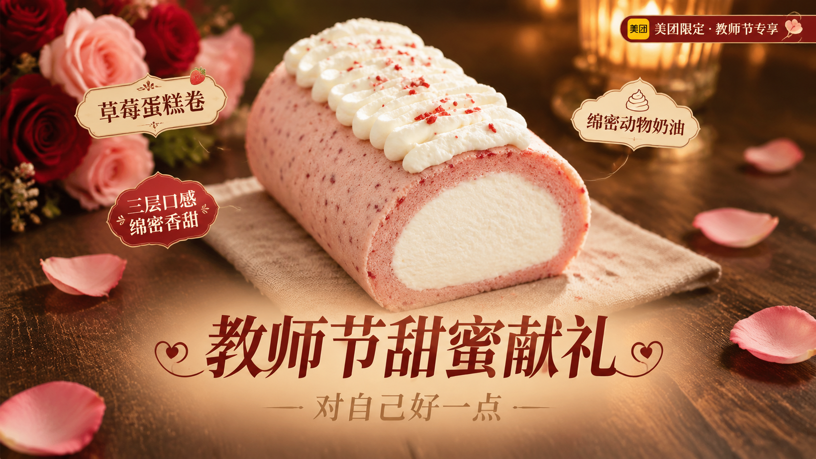 基于上传的草莓蛋糕卷商品图，制作一张高端质感的美团头图海报。蛋… - 图片创意预览