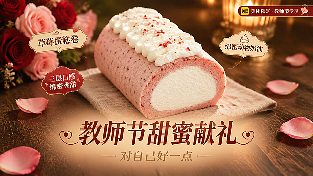 基于上传的草莓蛋糕卷商品图，制作一张高端质感的美团头图海报。蛋糕卷100%还原上传商品图的外形、结构、颜色、材质质感与细节，保留粉色草莓风味蛋糕体、绵密白色动物奶油内馅、顶部奶油裱花与红色冻干草莓碎，商品主体清晰完整，位于画面中上部位置。背景为高端暖调深棕木桌质感，搭配左侧虚化的粉玫瑰花束、右上角柔和的烛台暖光光斑、散落的玫瑰花瓣，整体营造温馨精致的教师节高端甜品氛围。主标题文案"教师节甜蜜献礼"居中靠下放置，字体优雅大气有质感，深棕红色调，字号醒目；副标题"对自己好一点"以更细腻的浅金色或米色字体呈现于主标题正下方；产品名"草莓蛋糕卷"与卖点标签"三层口感 绵密香甜"、"绵密动物奶油"以精致小标签形式点缀在画面上方两侧空白处；画面角落有"美团限定 · 教师节专享"小标签。整体版式精美，上下分区合理，主标题位于画面下半部居中位置，留白舒适，光影柔和温暖，暖棕与粉色调统一，突出高端甜品礼盒般的品质感。画面中所有文字必须清晰可读，数字精确渲染，不得出现空白占位区域。商品主体占比约45%-55%，文字不遮挡蛋糕主体关键细节。去除原图中的情人节心形卡片与丝带元素。