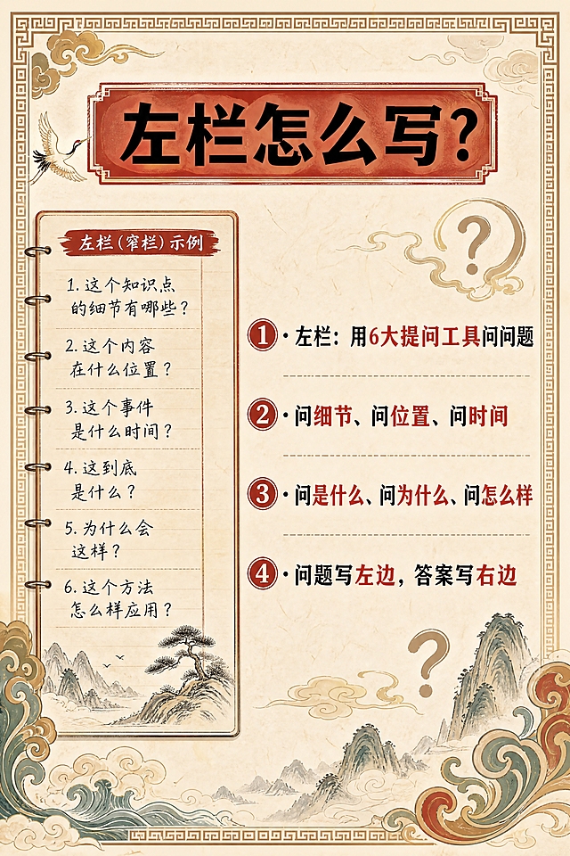 小红书笔记内页，左栏填写示例，国风山海经风格，米黄色宣纸纹理背景、回纹边框、整体典雅国风气韵。版式精美，信息层级清晰。顶部标题逐字锁定：「左栏怎么写？」，黑色粗黑体，朱红色底框。画面左侧展示康奈尔本左栏（窄栏）的填写示例，里面写着几个问题占位文字，手写体风格。右侧说明文字逐字锁定：第一行「左栏：用6大提问工具问问题」，第二行「问细节、问位置、问时间」，第三行「问是什么、问为什么、问怎么样」，第四行「问题写左边，答案写右边」。每行前加小圆点标号，关键短语加朱红色强调。装饰：四周加回纹细线边框；角落加祥云或卷草纹点缀；加少量问号国风小图标。整体氛围：国风典雅、方法清晰、实操性强。画质：高清细腻，文字清晰可读，所有文字完整处于安全区内不可裁切，四周留安全边距。画面比例 2:3，4K。