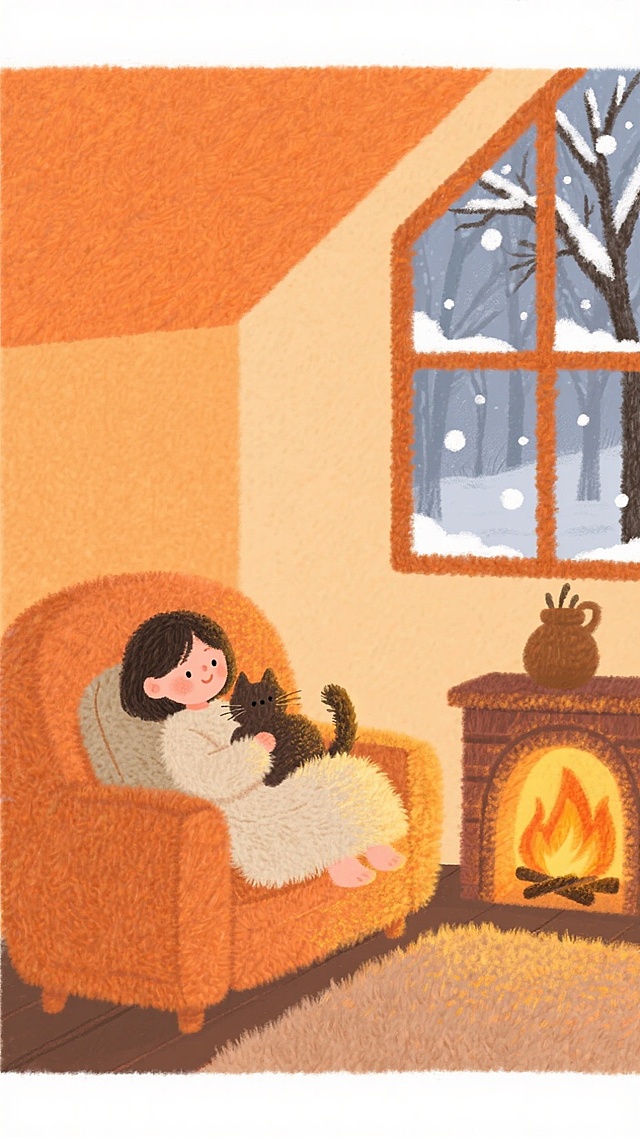 橙色调的温馨小屋场景，一个少女抱着猫咪躺在沙发上，旁边壁炉内火焰燃烧，暖光摇曳，窗外雪花和雾凇的树枝
