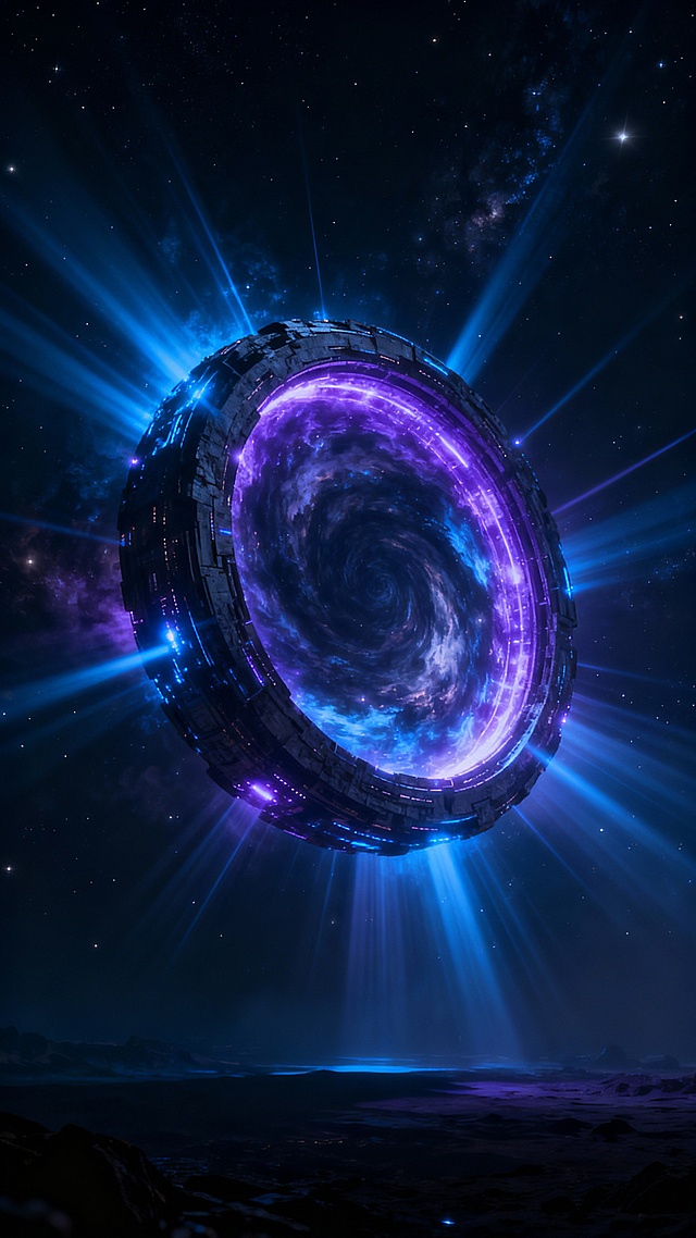 一张海报底图，暗场中悬浮着一个星际传送门，光芒四射