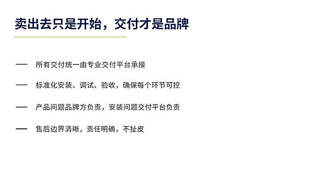 极简商务PPT内页设计，16:9横版，纯白背景。主色调深蓝色和暗金色。顶部标题"卖出去只是开始，交付才是品牌"使用深蓝色大号字体，左对齐，标题下方有一条细细的暗金色横线装饰。正文内容为四个要点，左对齐排列，每条前面有深蓝色短横线项目符号："所有交付统一由专业交付平台承接"、"标准化安装、调试、验收，确保每个环节可控"、"产品问题品牌方负责，安装问题交付平台负责"、"售后边界清晰，责任明确，不扯皮"。文字为深灰色，行距宽松，大量留白，风格极简严谨专业，无图表无图标无装饰图案。