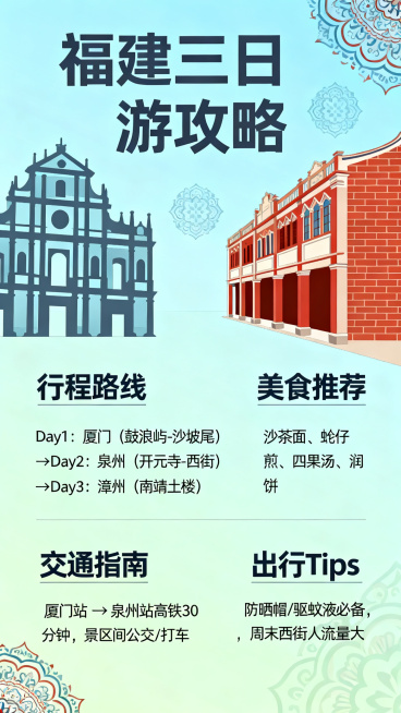 制作一张竖版福建三日游旅游攻略图文海报，清晰展示行程路线、美食推荐、交通指南和出行Tips，搭配闽南风格的鼓浪屿、泉州古城元素，清新文旅风格，文字排版清晰易读预览效果