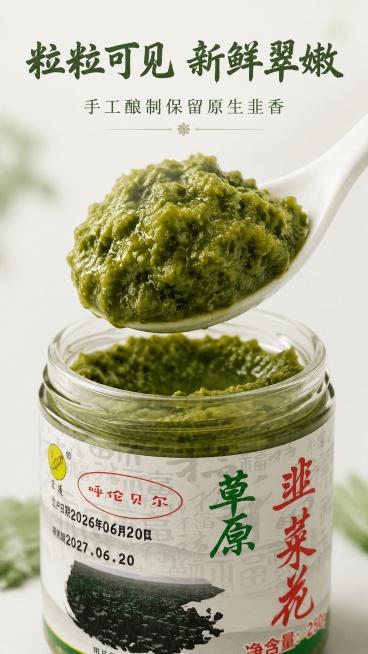 [第3屏] 韭菜花酱质地特写展示屏，本屏使用【图1】内容，聚焦酱料质地。
[氛围/风格] 微距美食摄影，细腻颗粒质感，勾起食欲的真实展示。
[元素布局] 画面中心用白勺子舀出一勺韭菜花酱，放大展示酱料预览效果